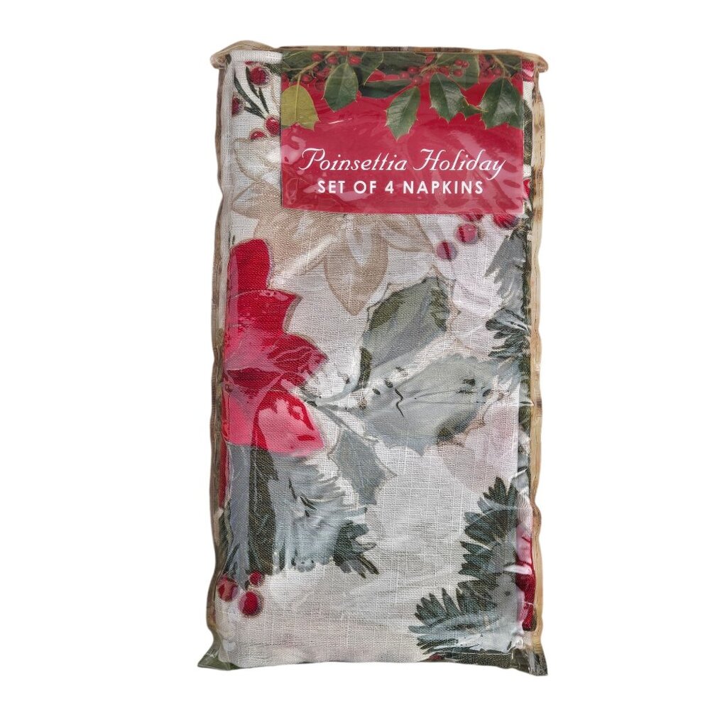 Poinsettia Pine Holiday Napkins Set Of 4 By Bardwil Linens NOS Christmas Pattern